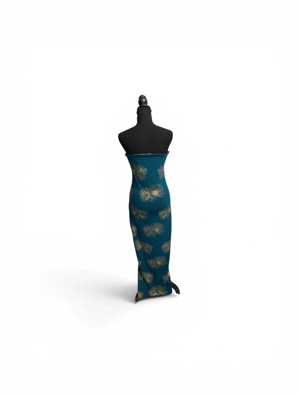 Strapless Teal Evening Column Dress with Gold Floral Accents
